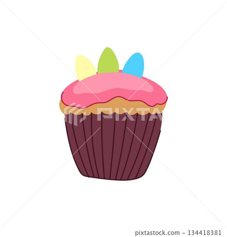 Easter cupcake featuring colored eggs on pink frosting 134418381