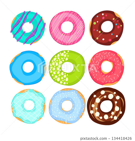 Colorful glazed donuts with various toppings pattern Colorful glazed donuts with various toppings pattern 134418426