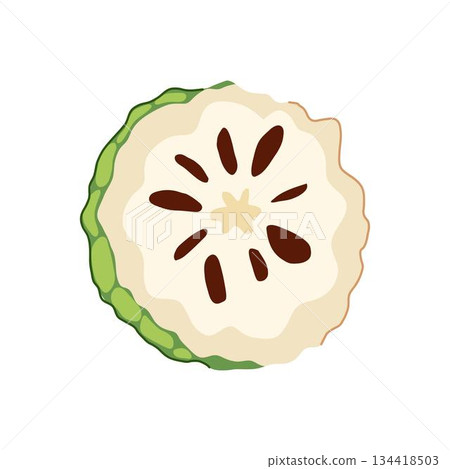 Custard apple cross section showing seeds and pulp Custard apple cross section showing seeds and pulp 134418503
