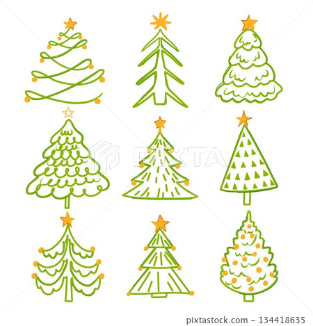 Christmas tree illustrations presenting various festive holiday designs Christmas tree illustrations presenting various festive holiday designs 134418635