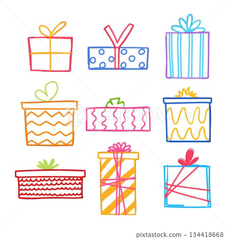 Colorful hand drawn gift boxes celebrating different occasions 134418668