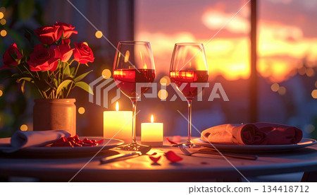 Romantic dinner setting with wine glasses, candles, and roses against sunset backdrop 134418712