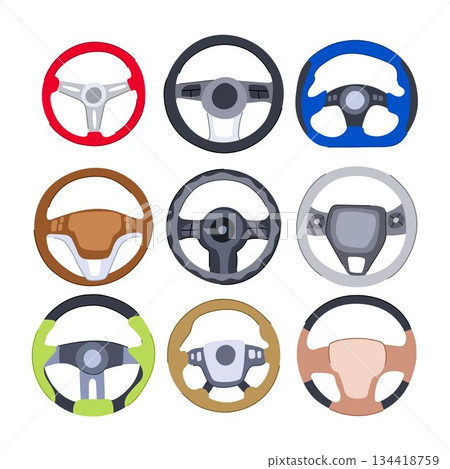 Nine car steering wheels showing diverse designs Nine car steering wheels showing diverse designs 134418759