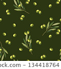 Seamless pattern Illustration with hand-drawn green olives and small olive sprigs scattered on a dark olive green background. Design for elegant Italian restaurant branding, rustic food packaging, or 134418764