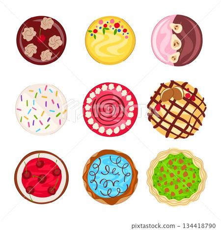 Assortment of colorful round cakes and tarts top view Assortment of colorful round cakes and tarts top view 134418790