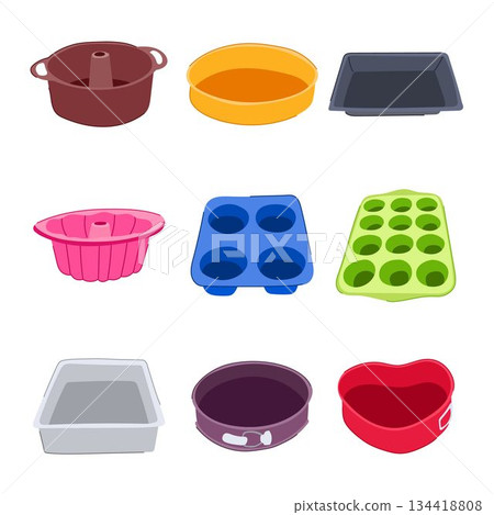 Baking pans collection displaying various shapes and cooking molds 134418808