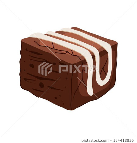 Delicious brownie square with sweet white frosting drizzle Delicious brownie square with sweet white frosting drizzle 134418836