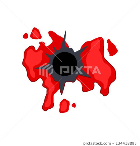Bullet hole in surface creating blood splat Bullet hole in surface creating blood splat 134418893