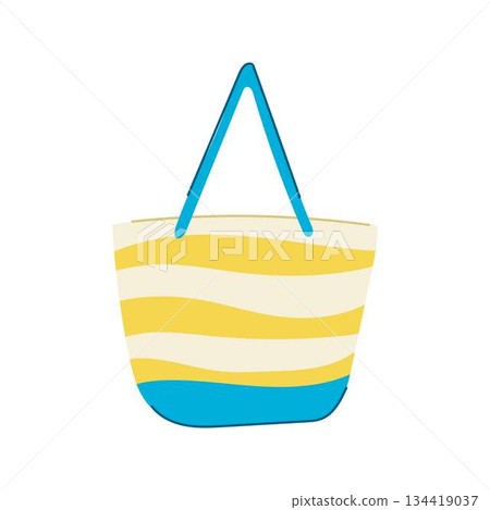Striped beach bag with blue handles illustrating summer vacation concept 134419037