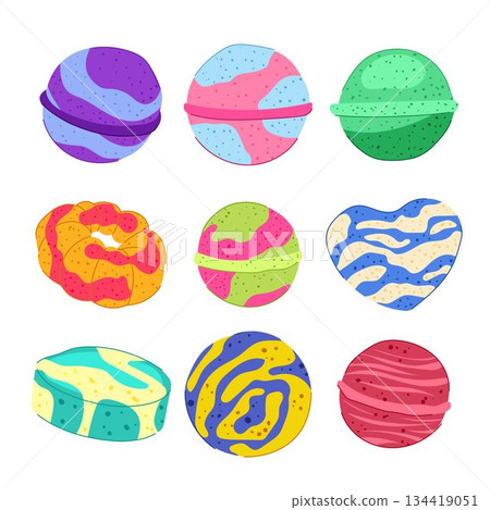Colorful bath bombs offering relaxation and self care concepts 134419051