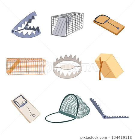 Different types of animal traps and snares collection 134419118