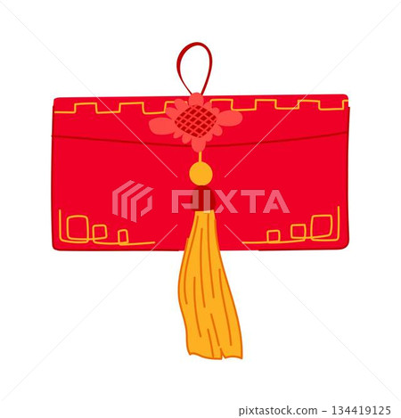 Red angpao money envelope with traditional knot and tassel 134419125
