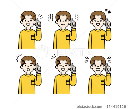 使用智慧型手機通話的青少年和二十多歲男性上半身向量插圖集_彩色 134419126