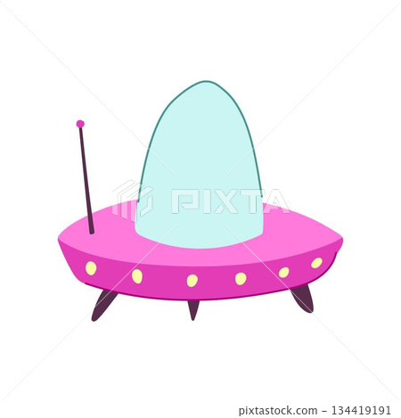 Pink alien spaceship flying isolated on white background 134419191