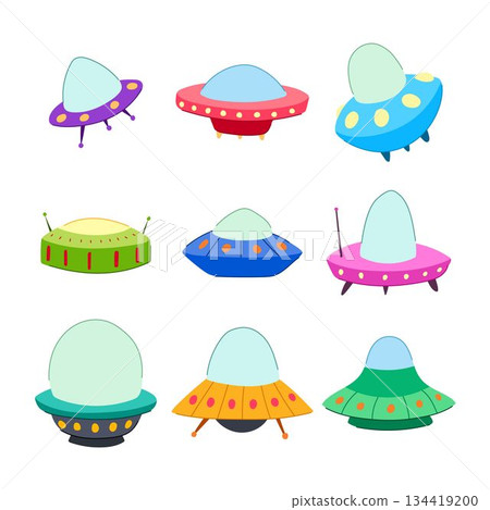 Collection of diverse cartoon flying saucers alien spaceships 134419200