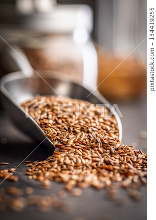 Linseed or flaxseed. Healthy flax seed in scoop on black table. Linseed or flaxseed. Healthy flax seed in scoop on black table. 134419255