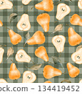 Hand-drawn illustration of a seamless pattern with whole and sliced pears, and leaves, on a muted green checkered background. Perfect for rustic kitchen textiles, autumn designs, and digital paper 134419452