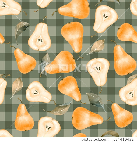 Hand-drawn illustration of a seamless pattern with whole and sliced pears, and leaves, on a muted green checkered background. Perfect for rustic kitchen textiles, autumn designs, and digital paper 134419452
