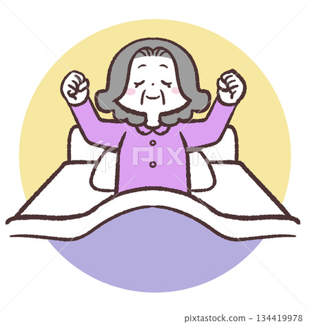 Illustration of a senior woman waking up refreshed 134419978