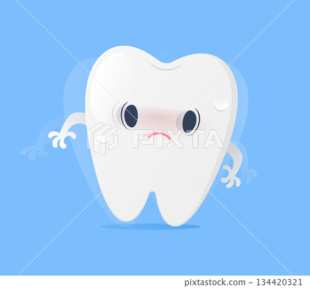A cartoon of a wobbly and weak tooth in the gum. 134420321