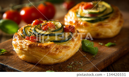 Fresh vegetable tartlets served on a wooden board for a tasty snack 134420331