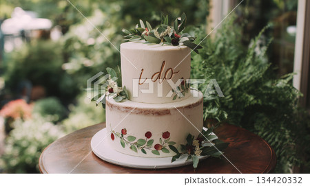 Elegant wedding cake adorned with fresh berries and greenery 134420332