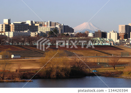 Keihin-Tohoku Line E233 series train seen from the Arakawa riverbed in winter (Kawaguchi City, Saitama Prefecture) 134420394