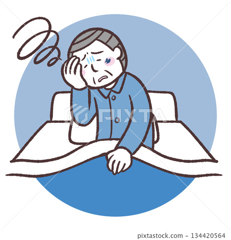 Illustration of a senior man who has trouble waking up 134420564