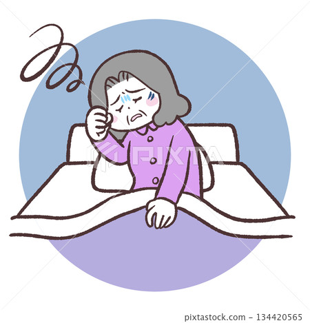 Illustration of a senior woman who has trouble waking up 134420565