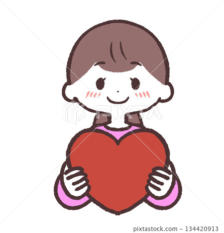Illustration of a shy woman holding a heart Illustration of a shy woman holding a heart 134420913