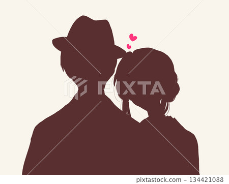 Men and women wearing kimonos hugging each other, hats, love, bust-up, silhouette 134421088