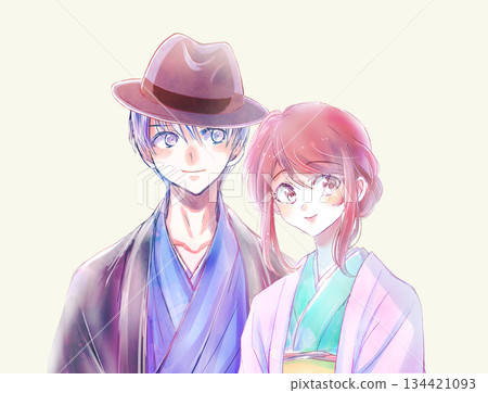 Men and women wearing kimonos and hats hugging each other, bust up 134421093