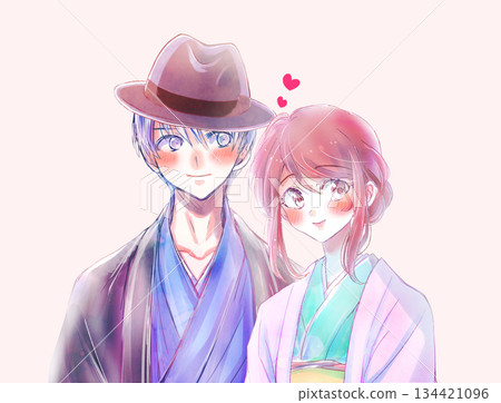 Men and women wearing kimonos hugging each other, hats, love, bust up 134421096