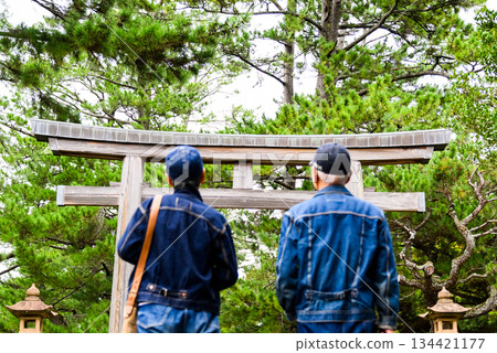 一對老年夫婦背對著鏡頭走向鳥居。 134421177