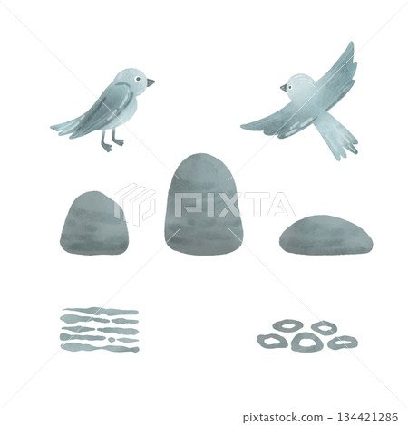 Set elements: birds, stones, decor in gray - blue tones. Cartoon illustration in a flat style. Watercolor, pastel. For design of children's products 134421286