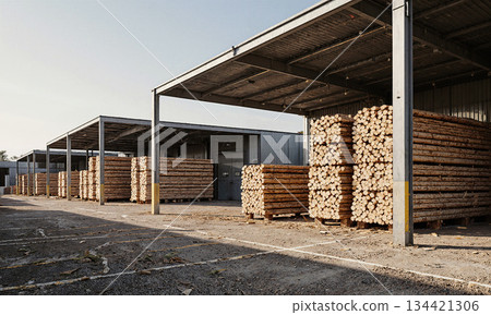 Vacant lumber yard, storage positions marked, shot from sizing area, overhead protection visible, timber architecture without wood. Vacant lumber yard, storage positions marked, shot from sizing area, overhead protection visible, timber architecture without wood. 134421306