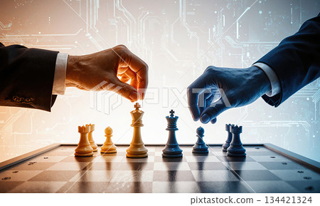 Tactical Decision Frame An amber hand lifts a king while a blue hand prepares to counter with a rook, close Tactical Decision Frame An amber hand lifts a king while a blue hand prepares to counter with a rook, close 134421324