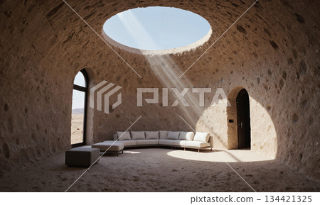 Desert Dome Dwelling - The interior of a monolithic dome home, with curved, earthen walls that create a sense Desert Dome Dwelling - The interior of a monolithic dome home, with curved, earthen walls that create a sense 134421325