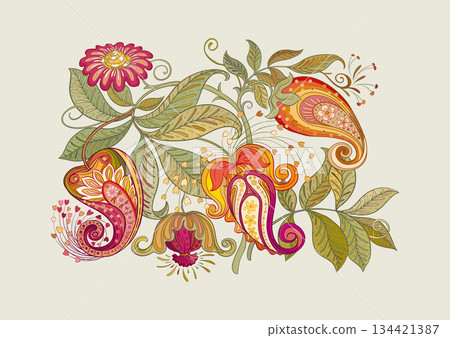 Fantasy flowers in retro, vintage, jacobean embroidery style. 134421387