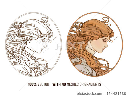 Elegant hand drawn portrait of a young woman Elegant hand drawn portrait of a young woman 134421388