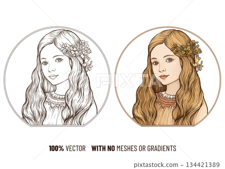 Retro style hand drawn portrait of a girl  134421389