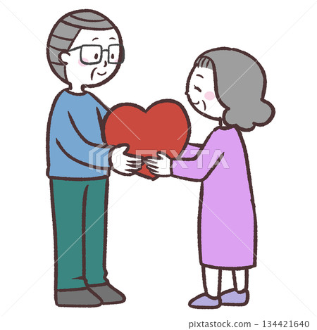 Illustration of a senior man and woman giving a heart 134421640