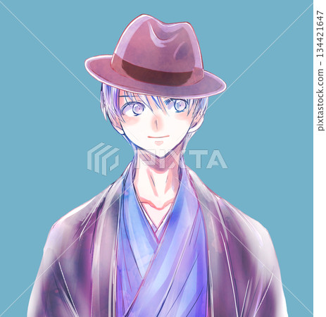 Man wearing Japanese clothing, hat, smiling 134421647