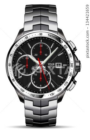 Realistic watch clock chronograph black stainless steel red arrow design luxury fashion object for men on white background vector 134421659