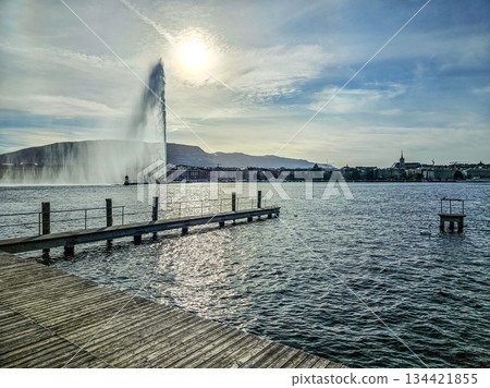 Geneva Jet dEau Fountain and Pier at Lake Geneva 134421855