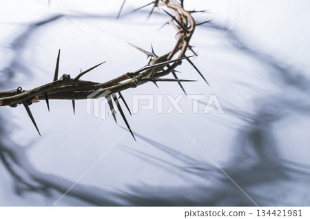 Jesus Crown of thorns shadow silhouette against textured gray surface, symbol spiritual pain and redemptive struggle Banner good friday background, concept for Christian Easter Jesus Crown of thorns shadow silhouette against textured gray surface, symbol spiritual pain and redemptive struggle Banner good friday background, concept for Christian Easter 134421981