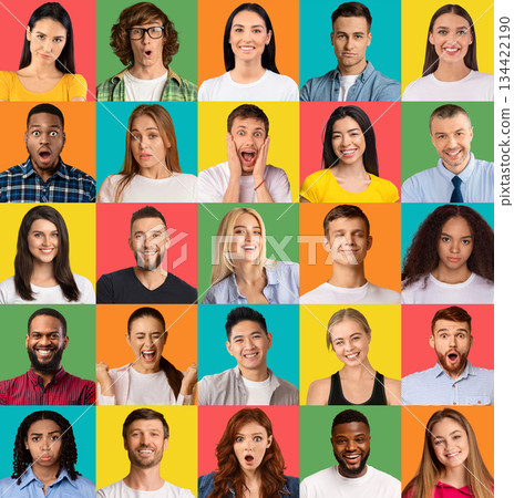 Creative composite collage of different human facial expressions and emotions of young diverse people. Mosaic set of many positive and negative female and male feelings. Banner on colorful background Creative composite collage of different human facial expressions and emotions of young diverse people. Mosaic set of many positive and negative female and male feelings. Banner on colorful background 134422190