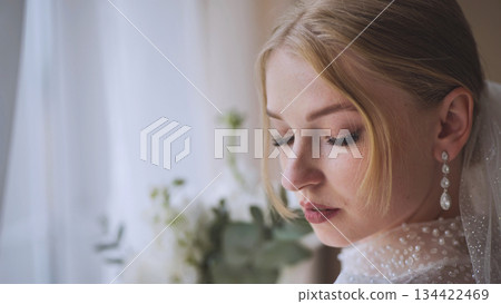 Close up of a bride wearing elegant earrings, showcasing her beauty and anticipation on her wedding day Close up of a bride wearing elegant earrings, showcasing her beauty and anticipation on her wedding day 134422469