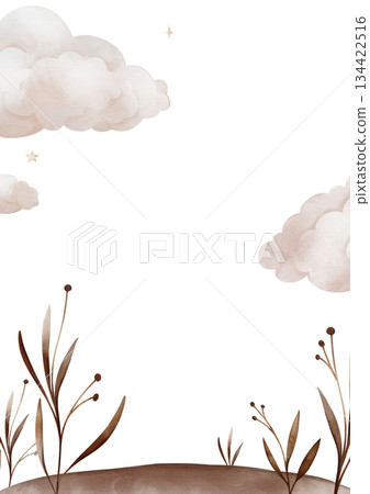 Vertical frame with brown plant and ground and flying clouds. Border pr banner with hand drawn watercolor illustration for card plants flower isolated on background. 134422516