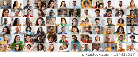 This vibrant collage captures a joyful collection of diverse faces from various backgrounds beaming with happiness. The multiethnic individuals illustrate a lively celebration of unity and culture. This vibrant collage captures a joyful collection of diverse faces from various backgrounds beaming with happiness. The multiethnic individuals illustrate a lively celebration of unity and culture. 134422537